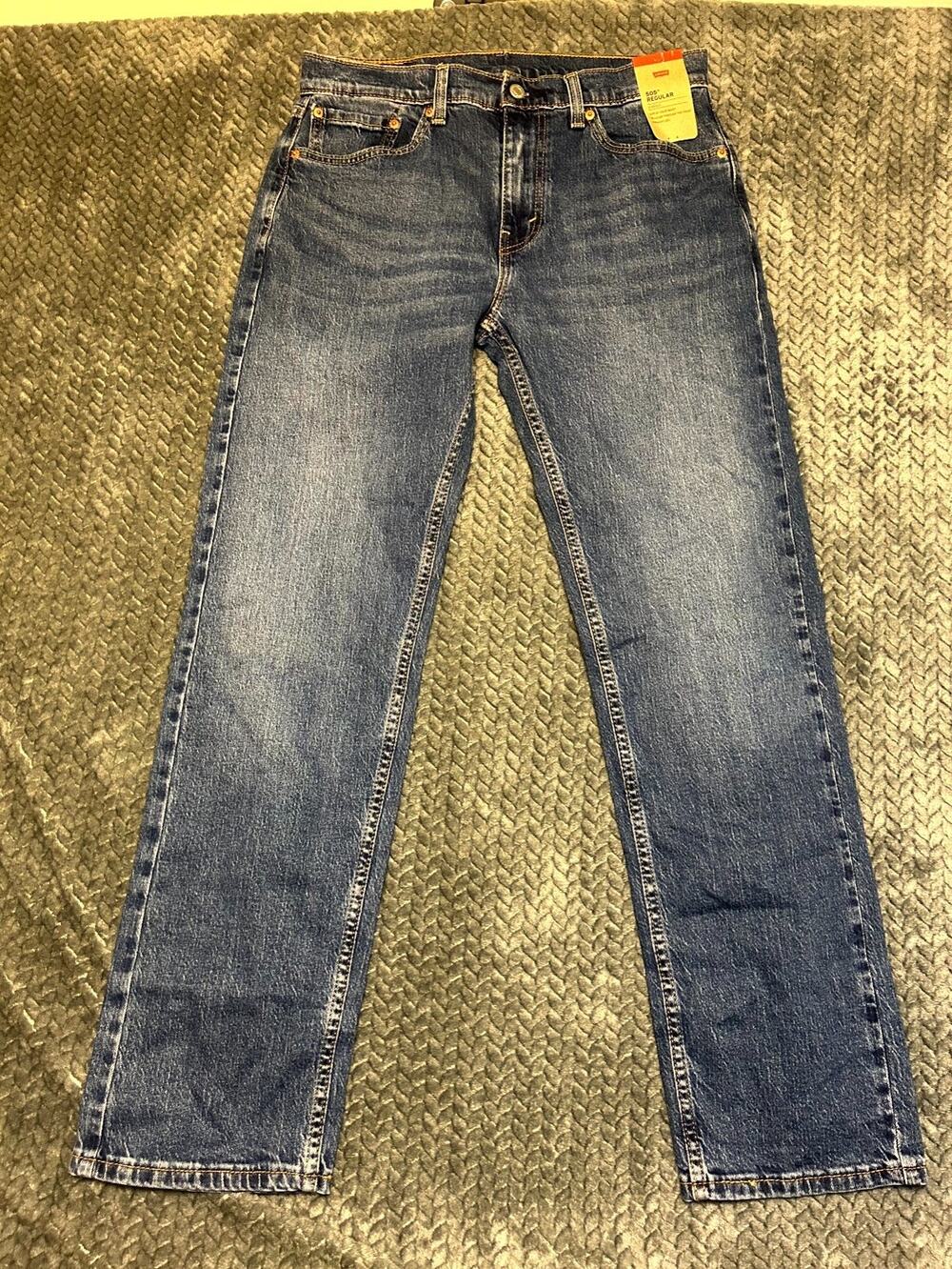 Levi's 505 Regular Fit Jeans Mens 32x32 Blue Denim Straight Leg Whiskers Detail